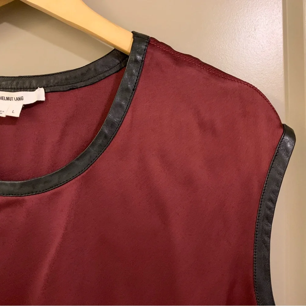 Helmut Lang Satin Burgundy With Black Lamb Leather Trim Tank Top Size L - Picture 3 of 10
